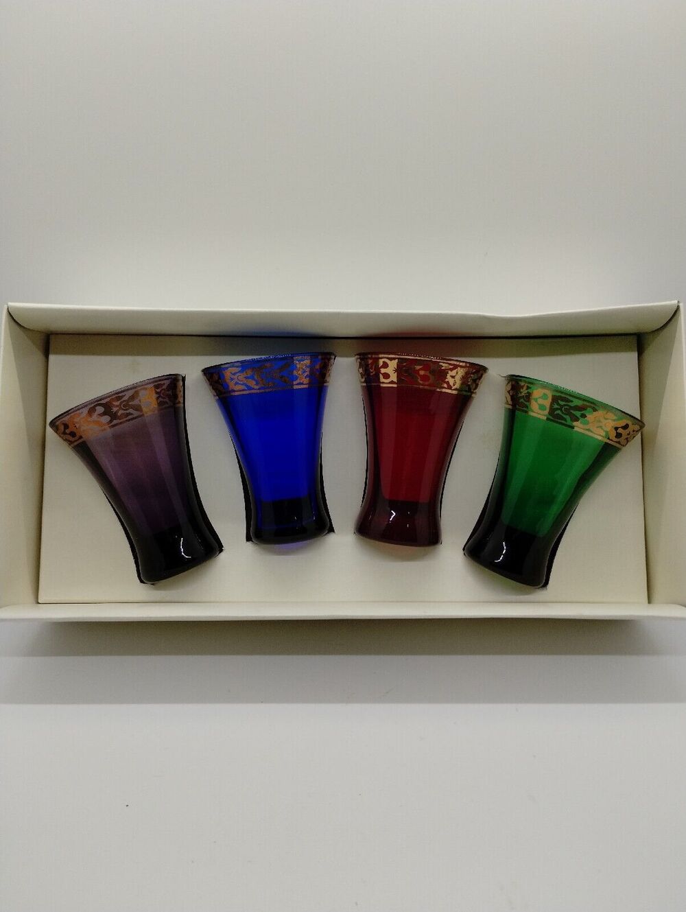 Set of 4 Pier One - Victorian 3" Gold Trim Multicolor Glass Shot Glasses
